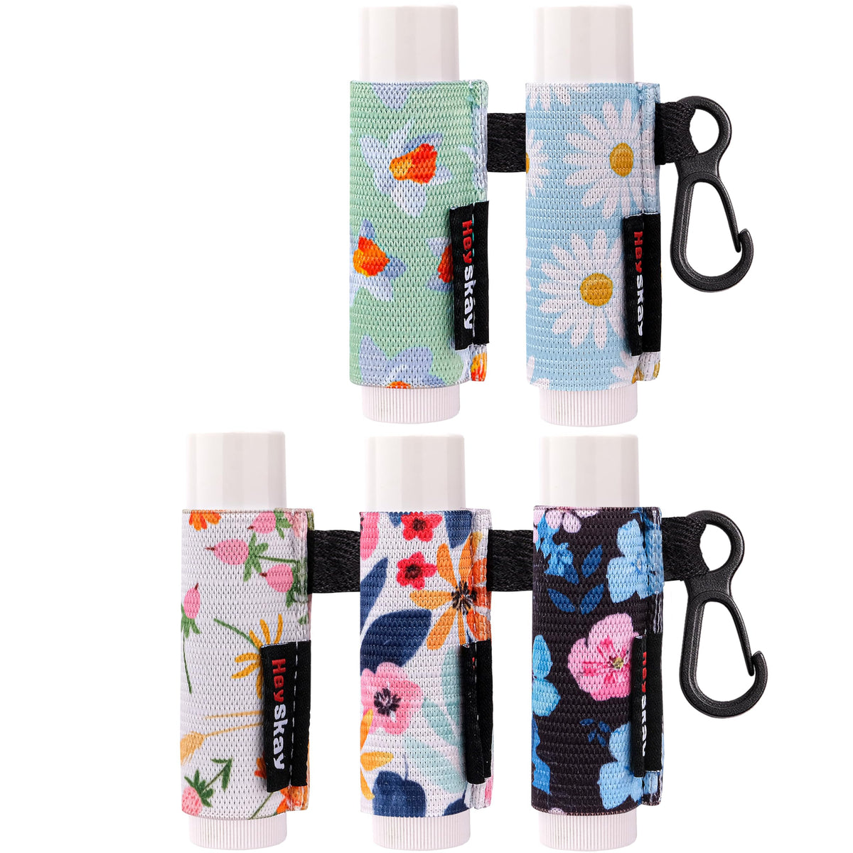 Heyskay 5Pcs Lip Balm Holder Keychain, Compact Clip-On Lipstick & Chapstick Sleeves, Floral Design