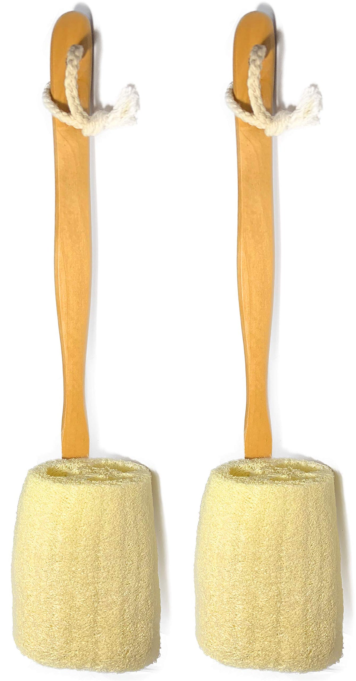 Mr.Cui'Shop 2 Pack Natural Loofah Bath Brush With Long Wooden Handle - Exfoliating Back Scrubber