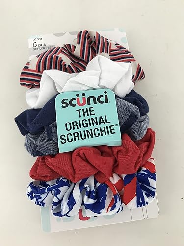 Scunci Scrunchies, 6 Pack - Red, White & Blue Fabric Hair Ties For Stylish Updos