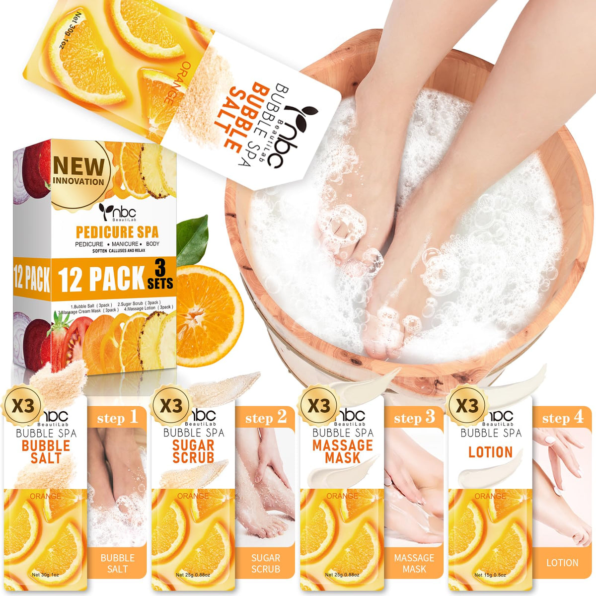 Nbc Beautilab Foot Pedicure Spa Set With Soak, Scrub, And Lotion For Soft, Cracked Feet - 12