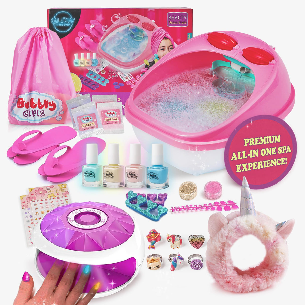 Bubbly Girlz Glow In The Dark Kids Foot Spa Kit With Nail Polish - Ultimate Spa Experience