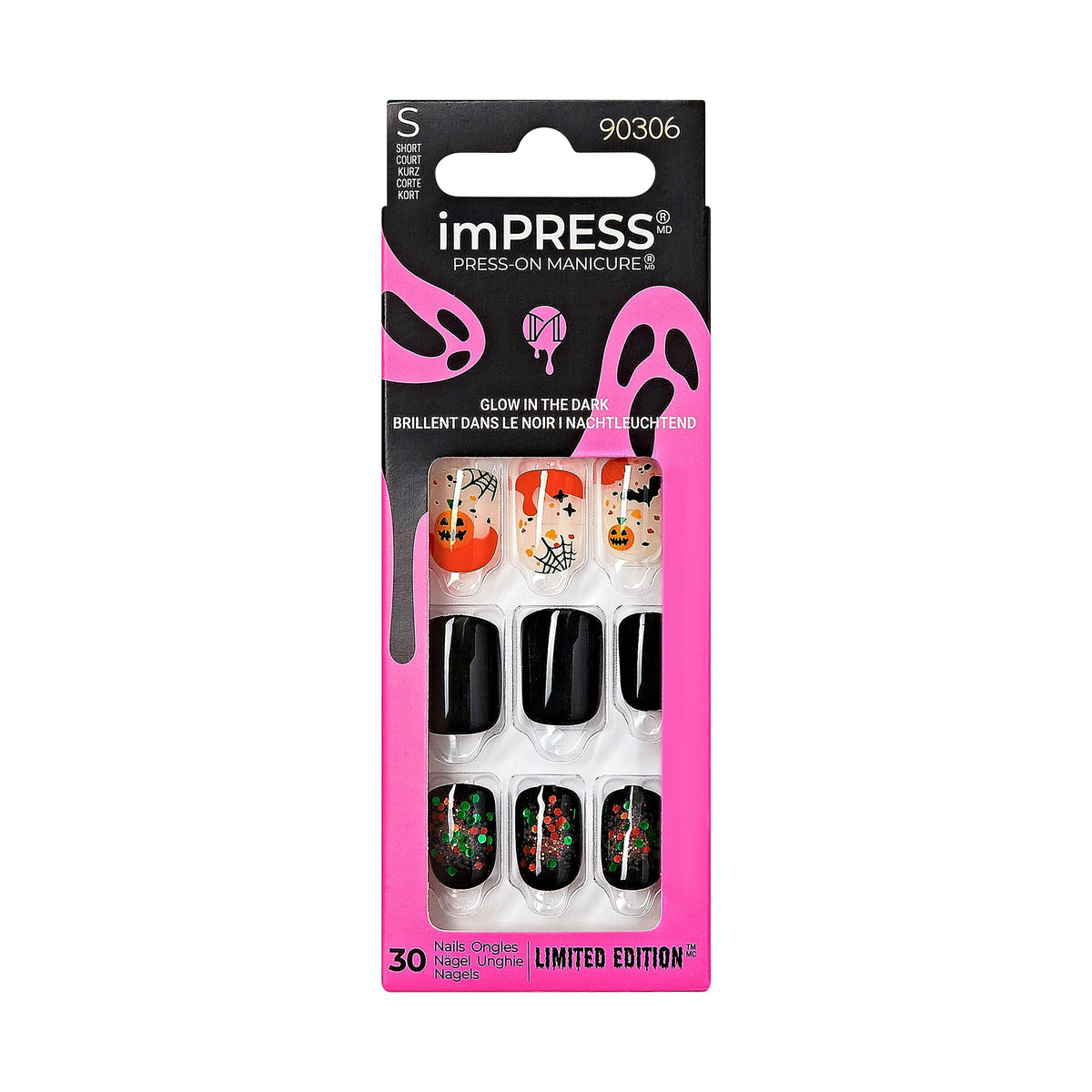 Kiss Impress Halloween Press-On Nails, Black Short Square, Chip Proof, Waterproof, 30 Nails