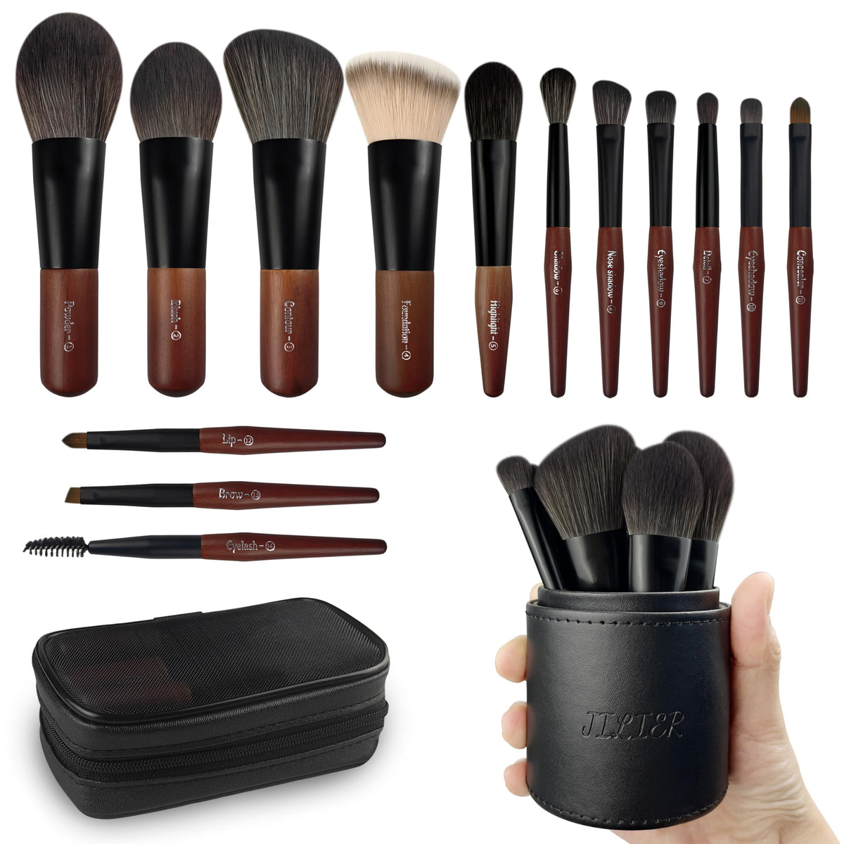 Jilier 14 Pcs Travel Makeup Brush Set - Mini Brushes For Foundation, Eyeshadow, & Blush, Brown