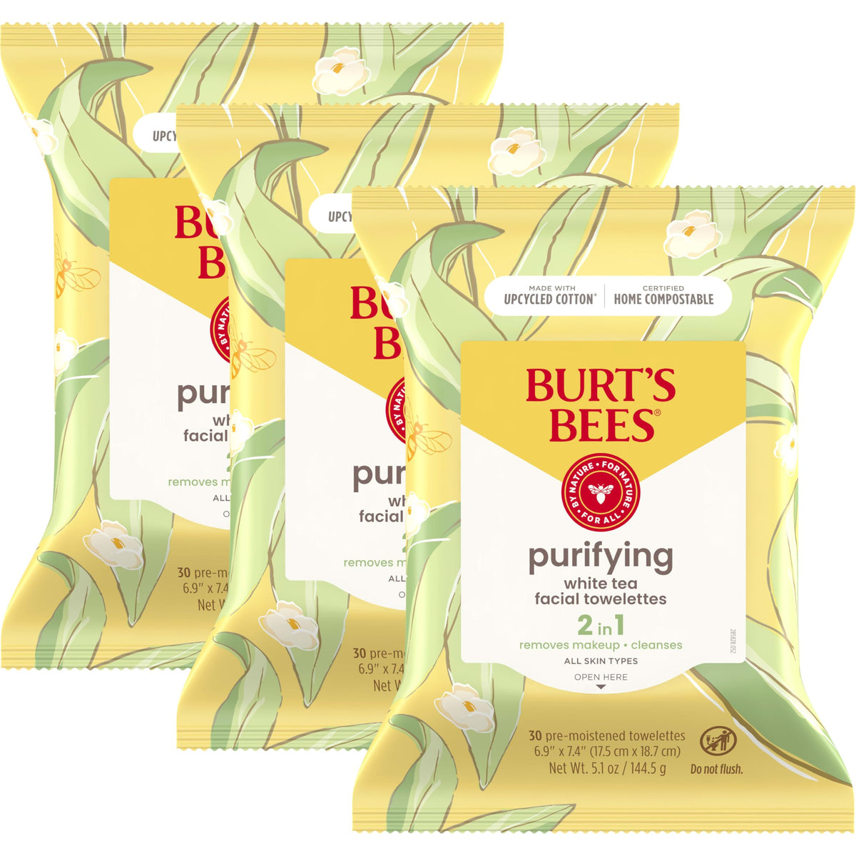 Burt'S Bees White Tea Face Wipes, 30 Ct Hydrating Towelettes, Makeup Remover (3-Pack)