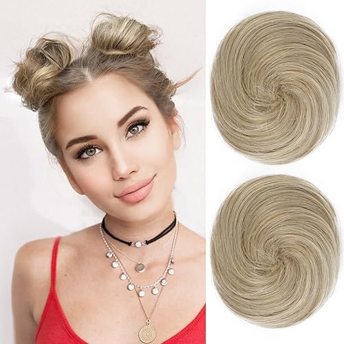 REECHO Mini Claw Clips - 2 PCS Messy Cat Ears Hair Bun Extensions, Medium Blonde Highlights