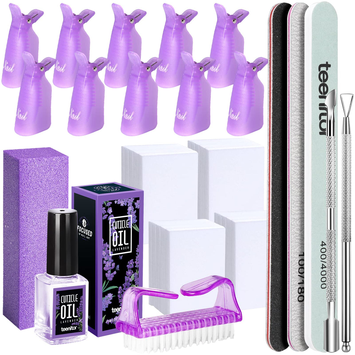 Teenitor Nail Gel Remover Kit with Clips, Pads, Cuticle Oil, Brushes & File - Purple