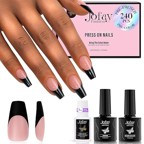 Jofay Fashion French Tip Press On Nails - 240Pcs Long Square Soft Gel Nail Kit With Lamp