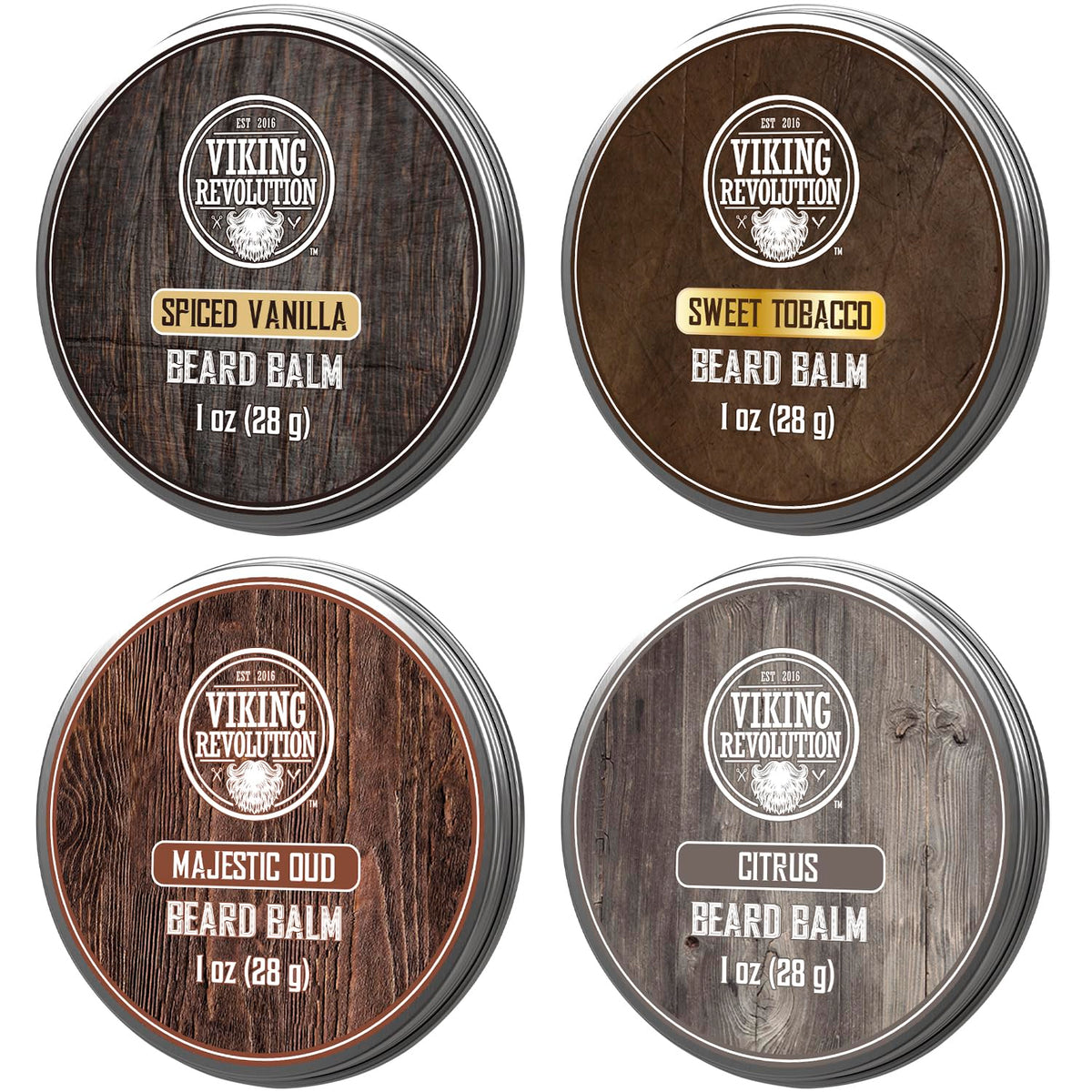 Viking Revolution Beard Balm Variety Pack (4 X 1Oz) - Spiced Vanilla, Sweet Tobacco, Oud, Citrus