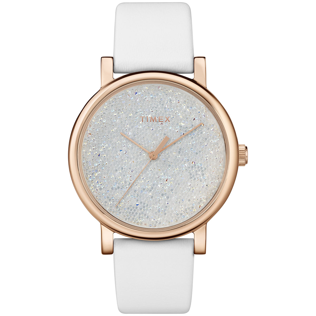 Timex Women'S Crystal Opulence 38Mm Rose Gold Dress Watch With White Leather Strap