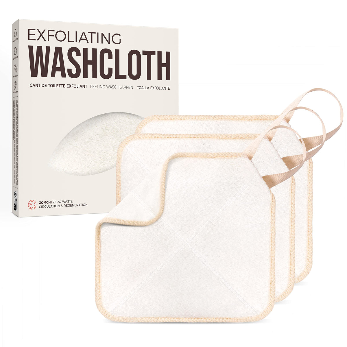 Zomchi Exfoliating Washcloths For Face & Body, Soft/Rough Dual-Sided, 3 Pack, White