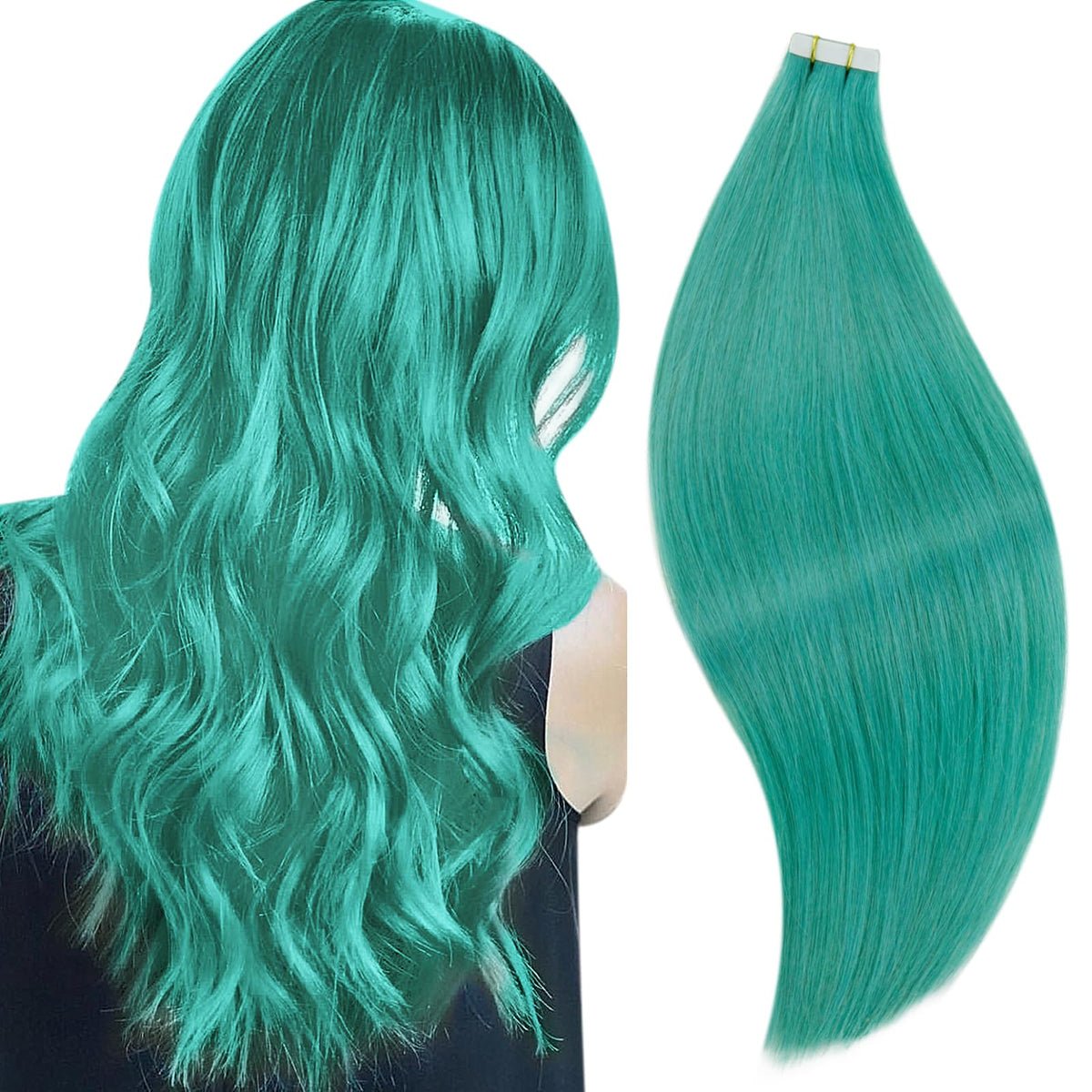 Runature 18&quot; Teal Tape In Hair Extensions - Remy Human Hair, 10Pcs, 25G, Invisible, Straight