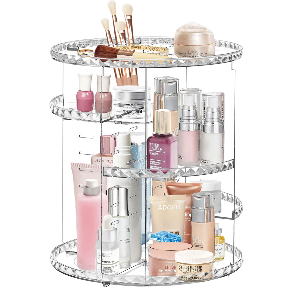 Adoco 360° Rotating Makeup Organizer - Adjustable Skincare & Cosmetic Storage, Diamond Finish