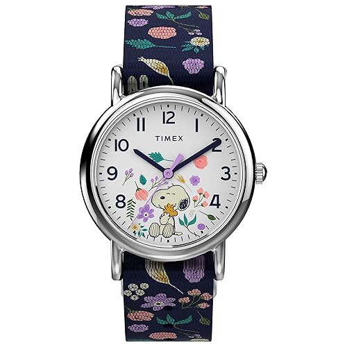 Timex Peanuts Weekender Women'S Watch - Snoopy Floral Design, Silver-Tone Case, Blue Strap