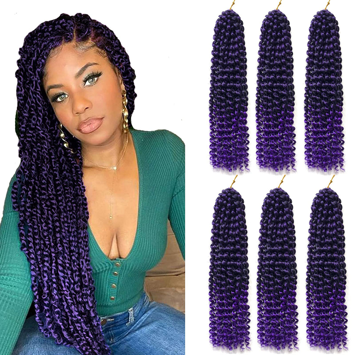 Yorostar 6 Packs 18&quot; Ombre Purple Passion Twists Crochet Hair - Synthetic Water Wave Extensions