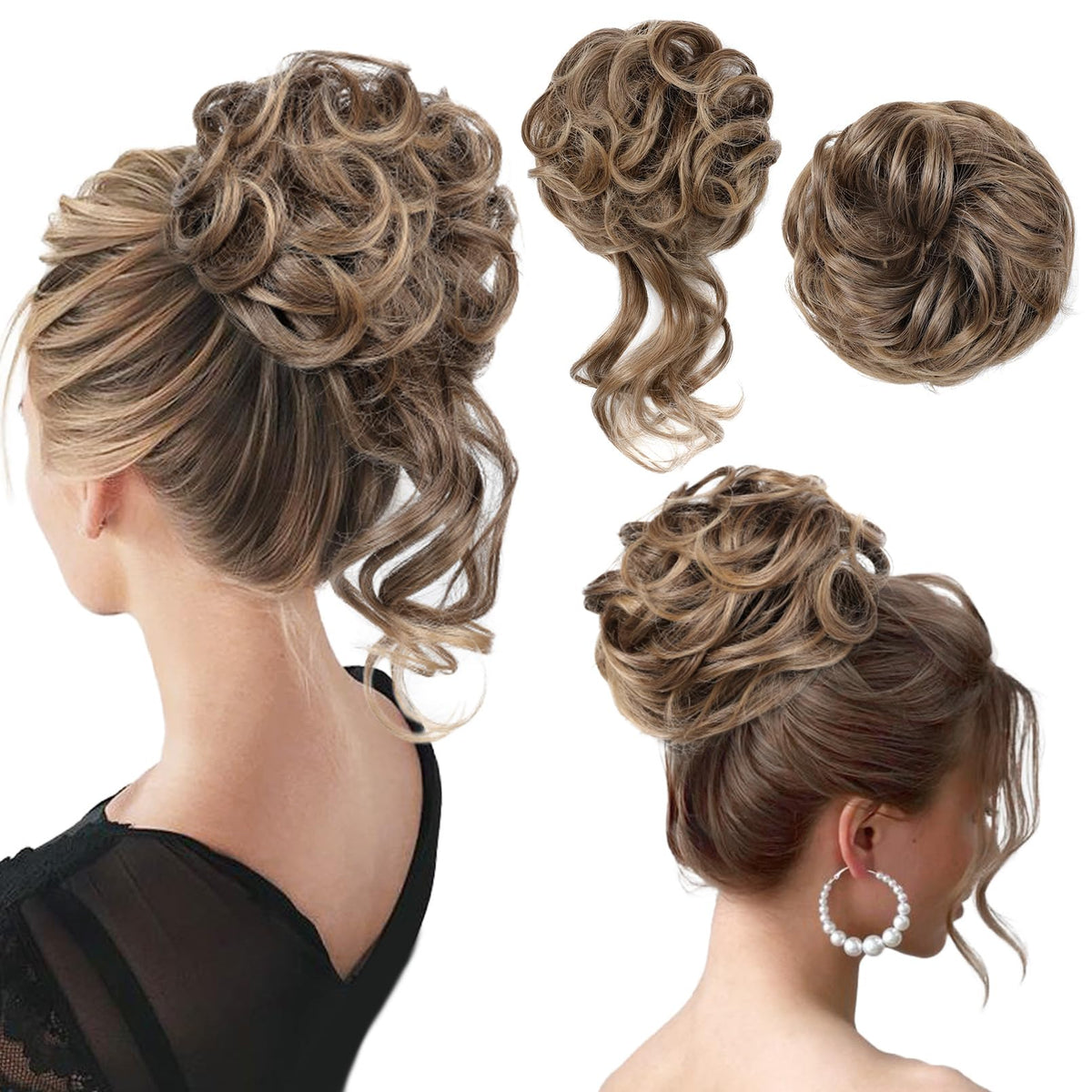 REECHO Messy Bun Hair Piece - Light Brown with Golden Ends, Classic Tousled Updo Hair Bun Scrunchies