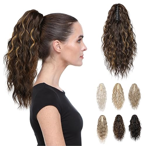 REECHO 14&quot; Claw Clip Ponytail Extension - Soft Wavy Synthetic Hairpiece, Chocolate Brown/Caramel Highlights