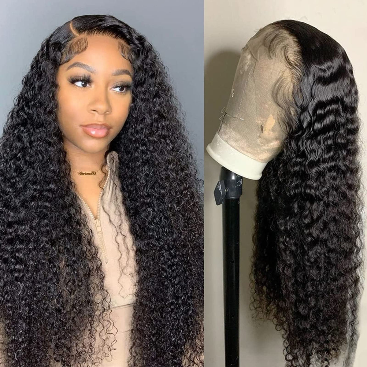 Glownina 32&quot; Lace Front Wig Human Hair, 180% Density, Hd Transparent, Deep Wave, Glueless