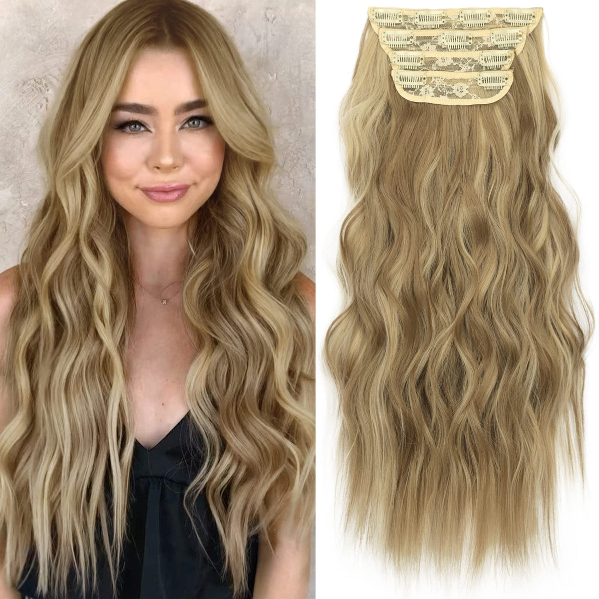 Kookastyle 20&quot; Clip-In Synthetic Hair Extensions, Wavy, Light Brown & Golden Blonde, 4Pcs