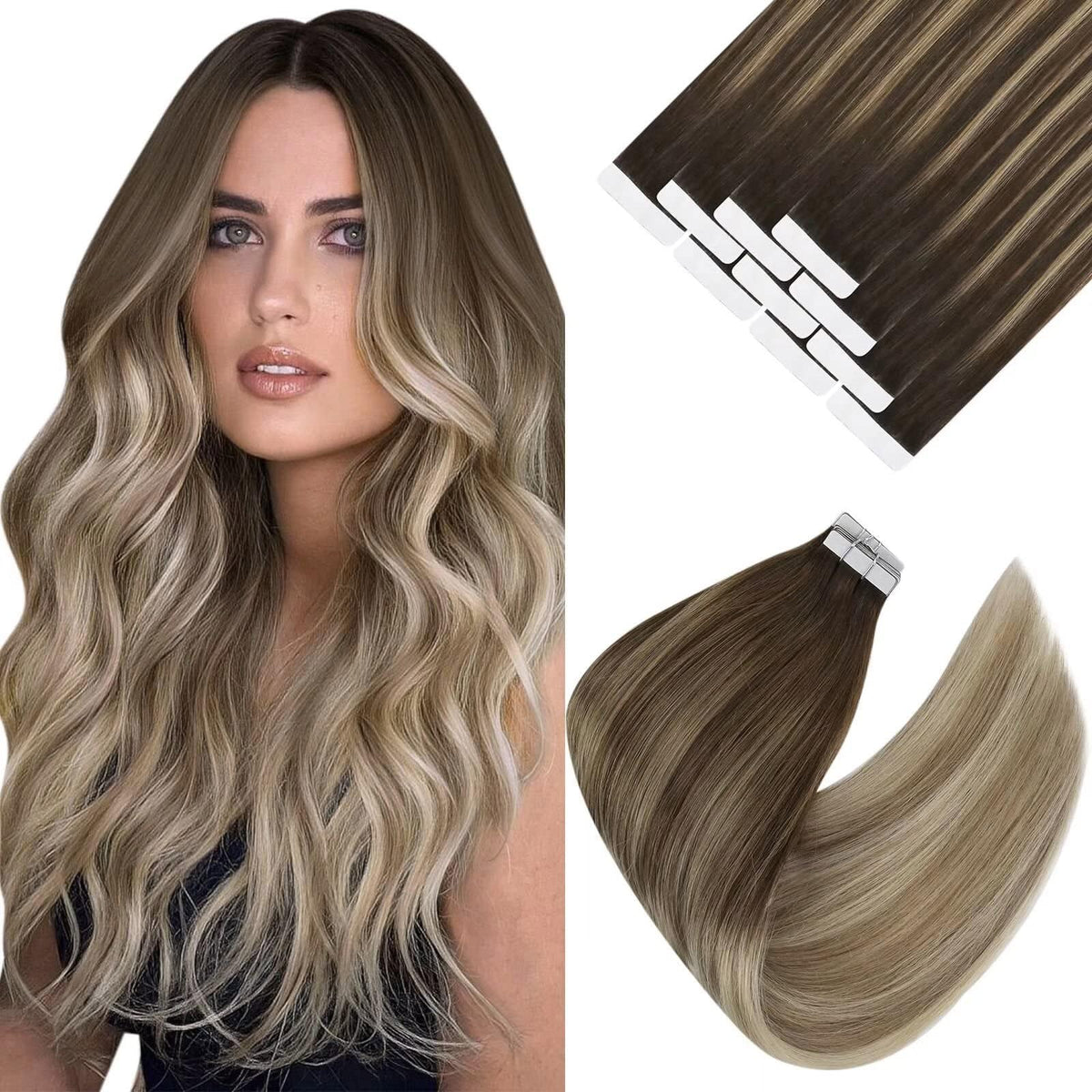 Ve Sunny Tape In Hair Extensions 20&quot; Brown Ombre Blonde 10Pcs Human Hair Balayage 25G