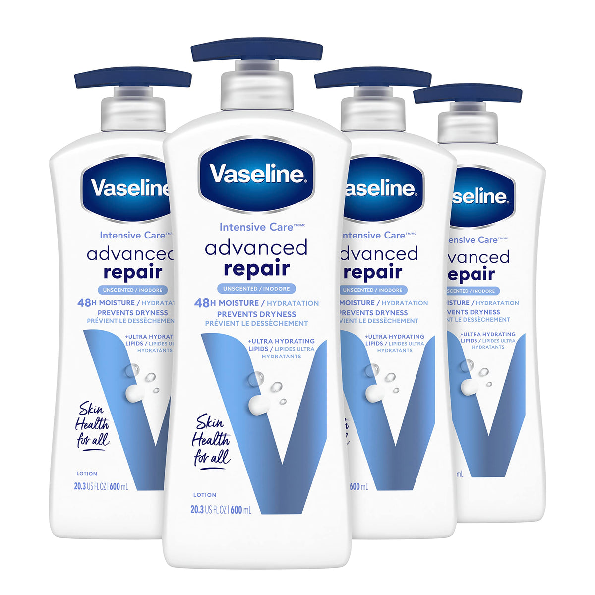 Vaseline Intensive Care Body Lotion Advanced Repair, Unscented, 20.3 Oz, 4-Pack For Dry Skin