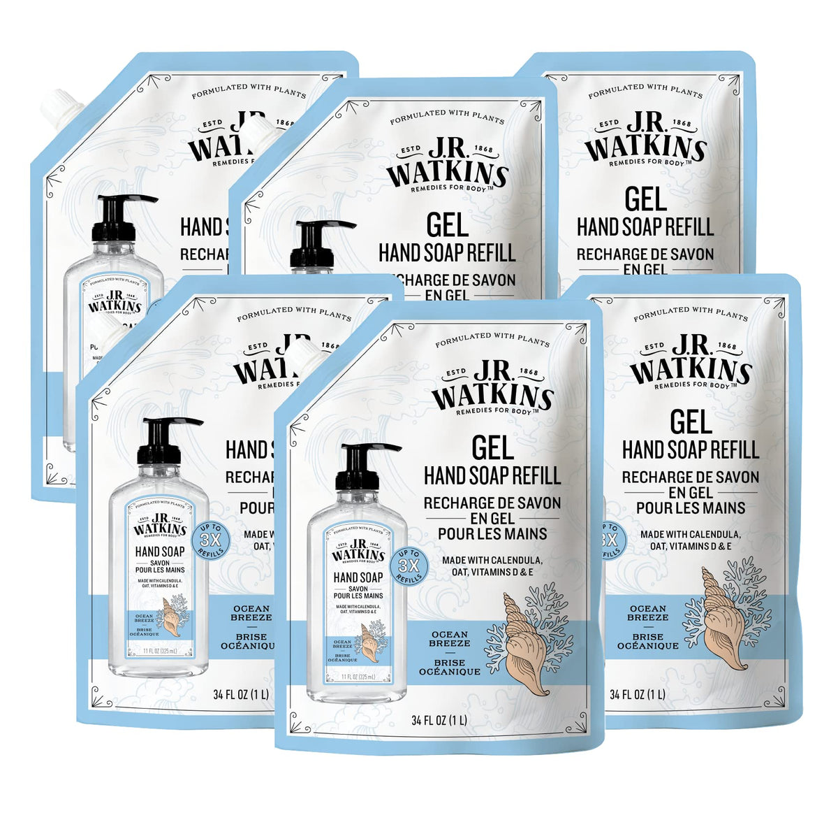 J.R. Watkins Ocean Breeze Gel Hand Soap Refill Pouch, 34 Fl Oz, Usa Made, 6 Pack