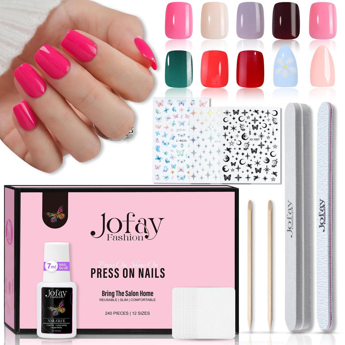 Jofay Fashion Gel Nail Tips - 240 Pcs Short Acrylic Press On Nails Kit with Glue