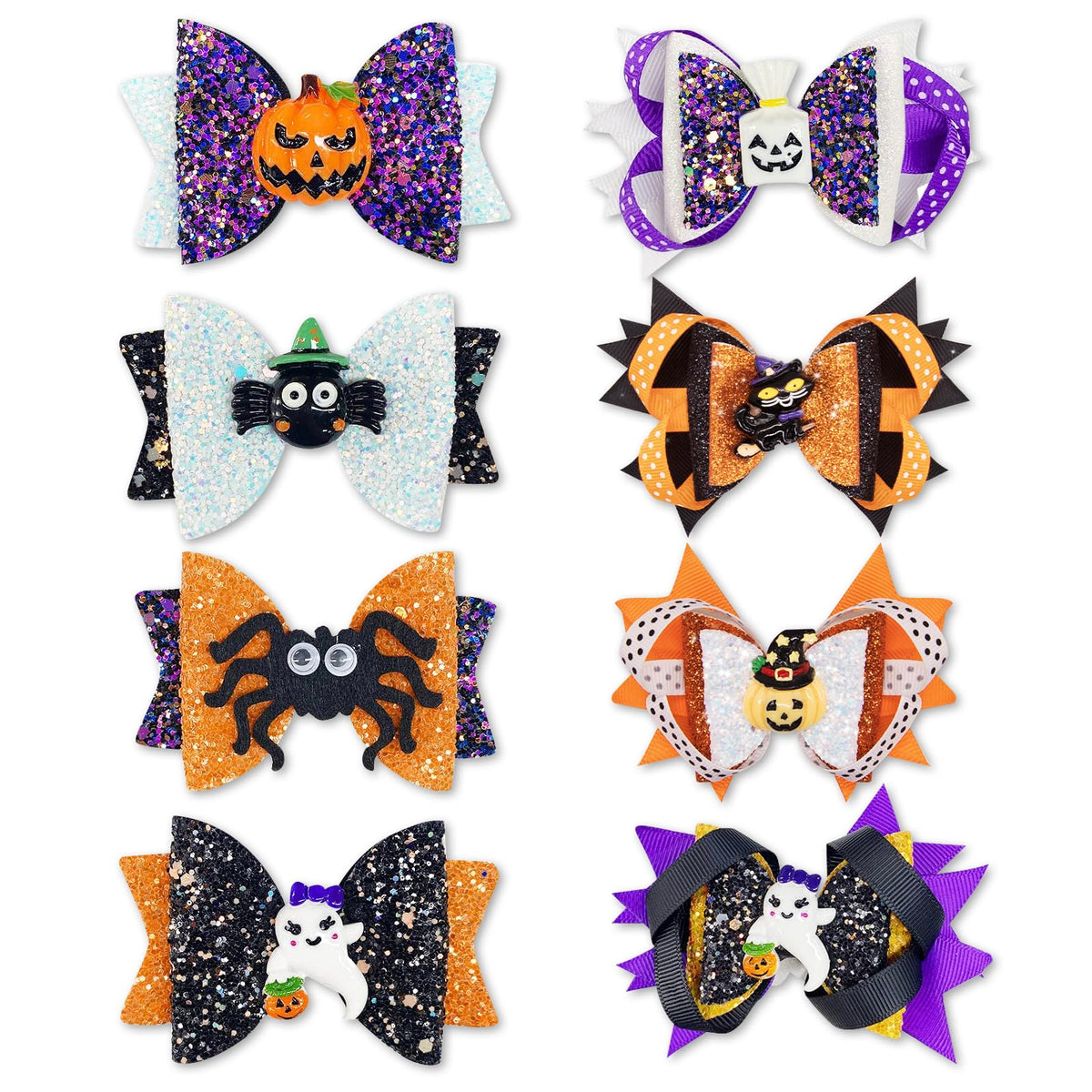 Fimcosy Halloween Hair Clips Set - 8 Glitter Pumpkin, Spider & Ghost Clips For Costumes