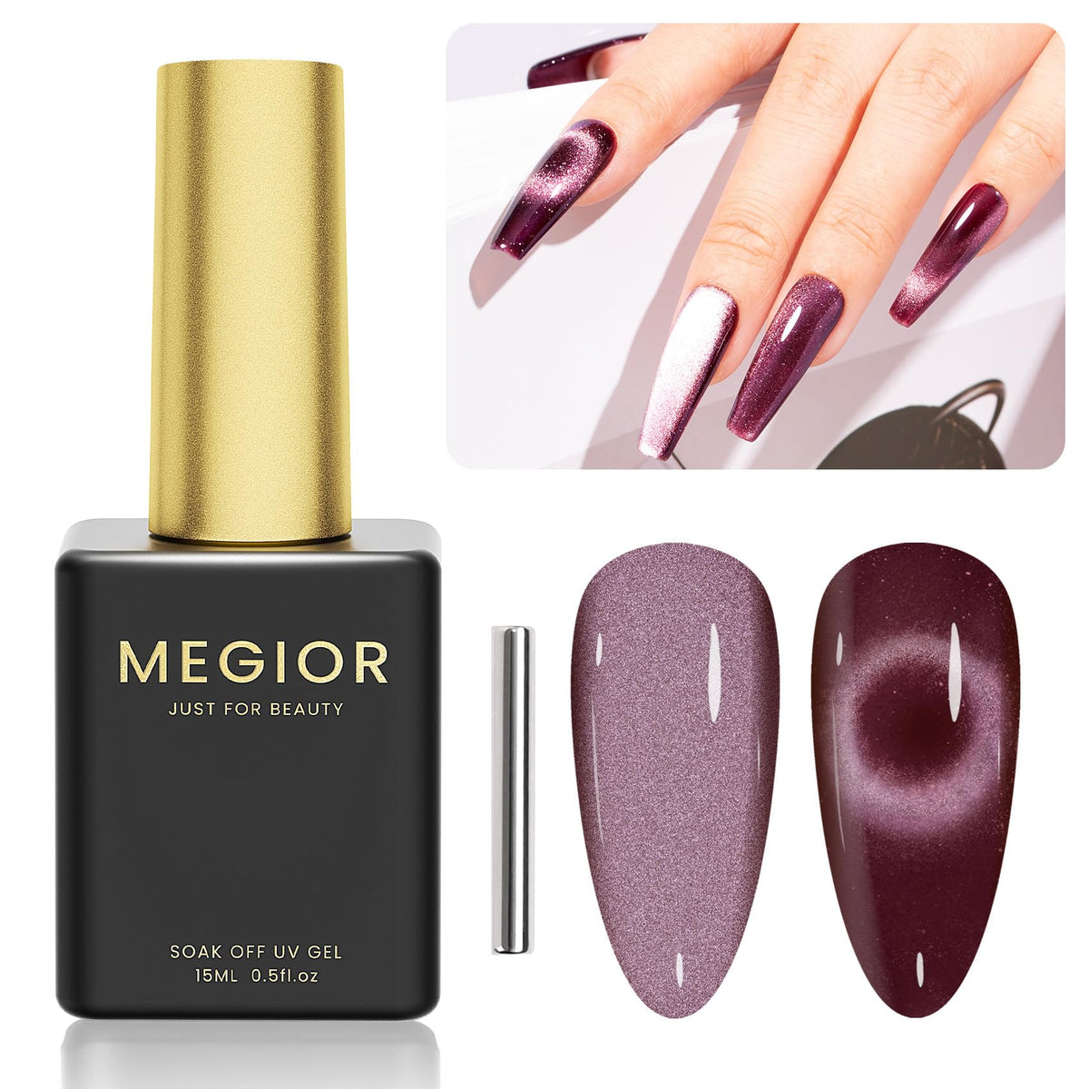 Megior Cat Eye Gel Nail Polish 15Ml - Grape Holographic Magnetic Soak Off For Nail Art