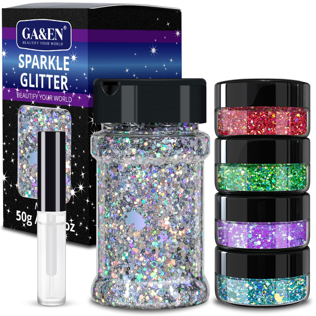 GA&EN Holographic Glitter Set 50g Silver + 32g Multi-Shape Body Glitter for Makeup & Resin Projects