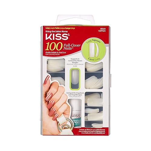 Kiss 100 Acrylic Full-Cover Nails, Active Long Square, White - 100 Count Pack