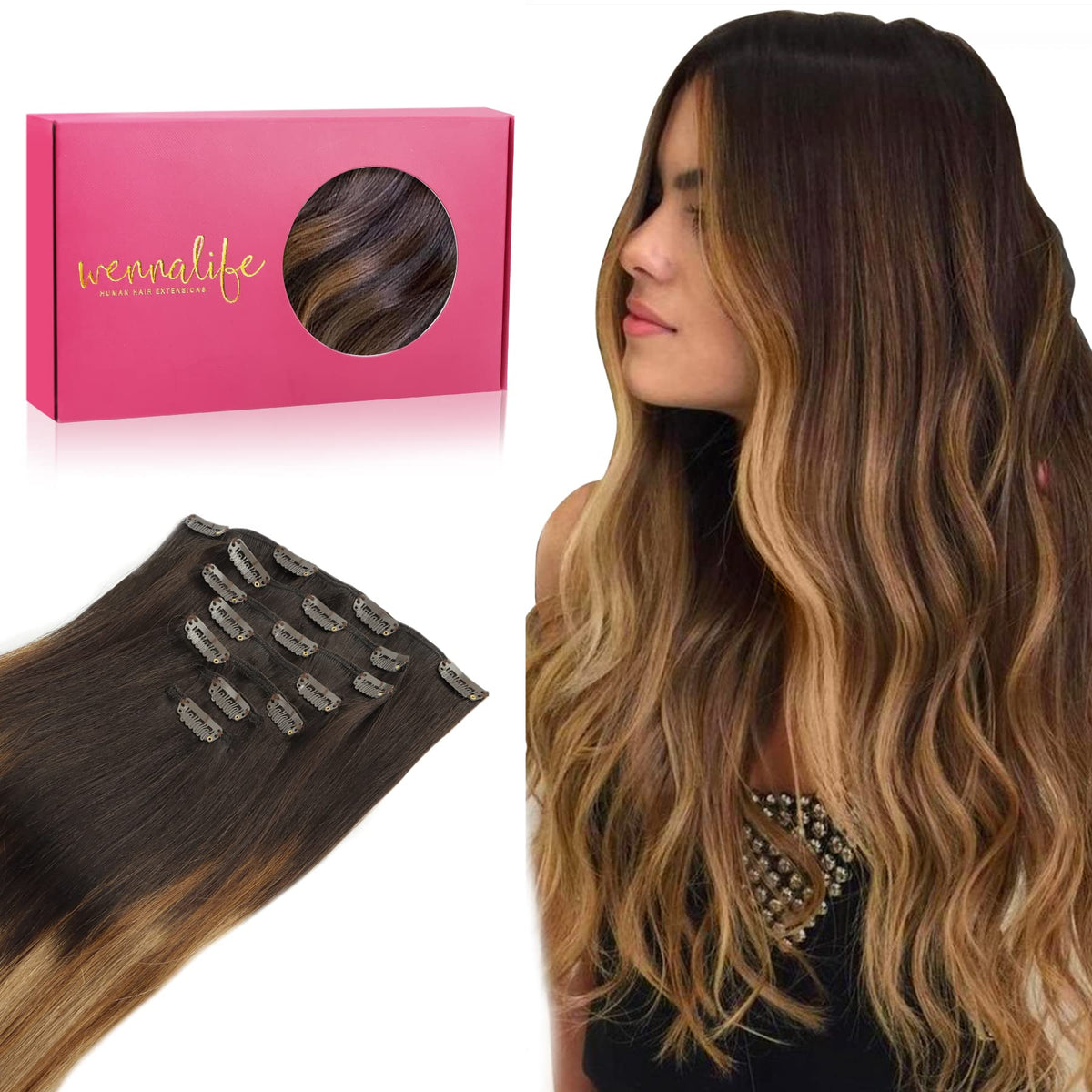 WENNALIFE 22&quot; Clip in Human Hair Extensions, 120g, Dark Brown to Chestnut Brown Highlights