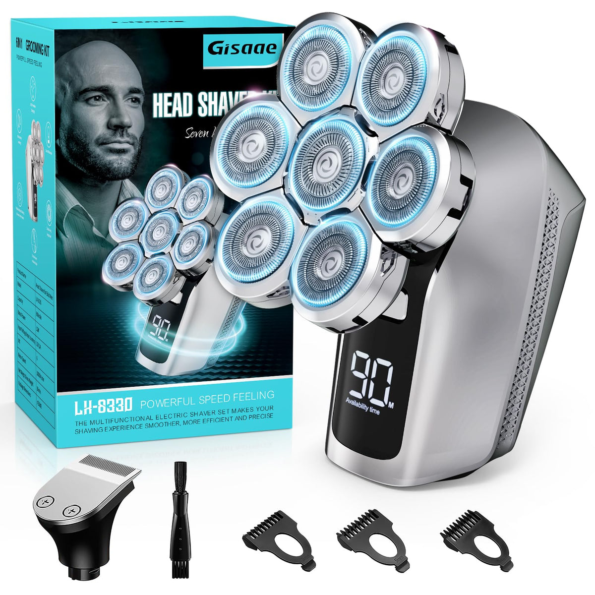 Gisaae 7D Electric Razor For Men, Waterproof Bald Head Shaver & Beard Grooming Kit, Silver