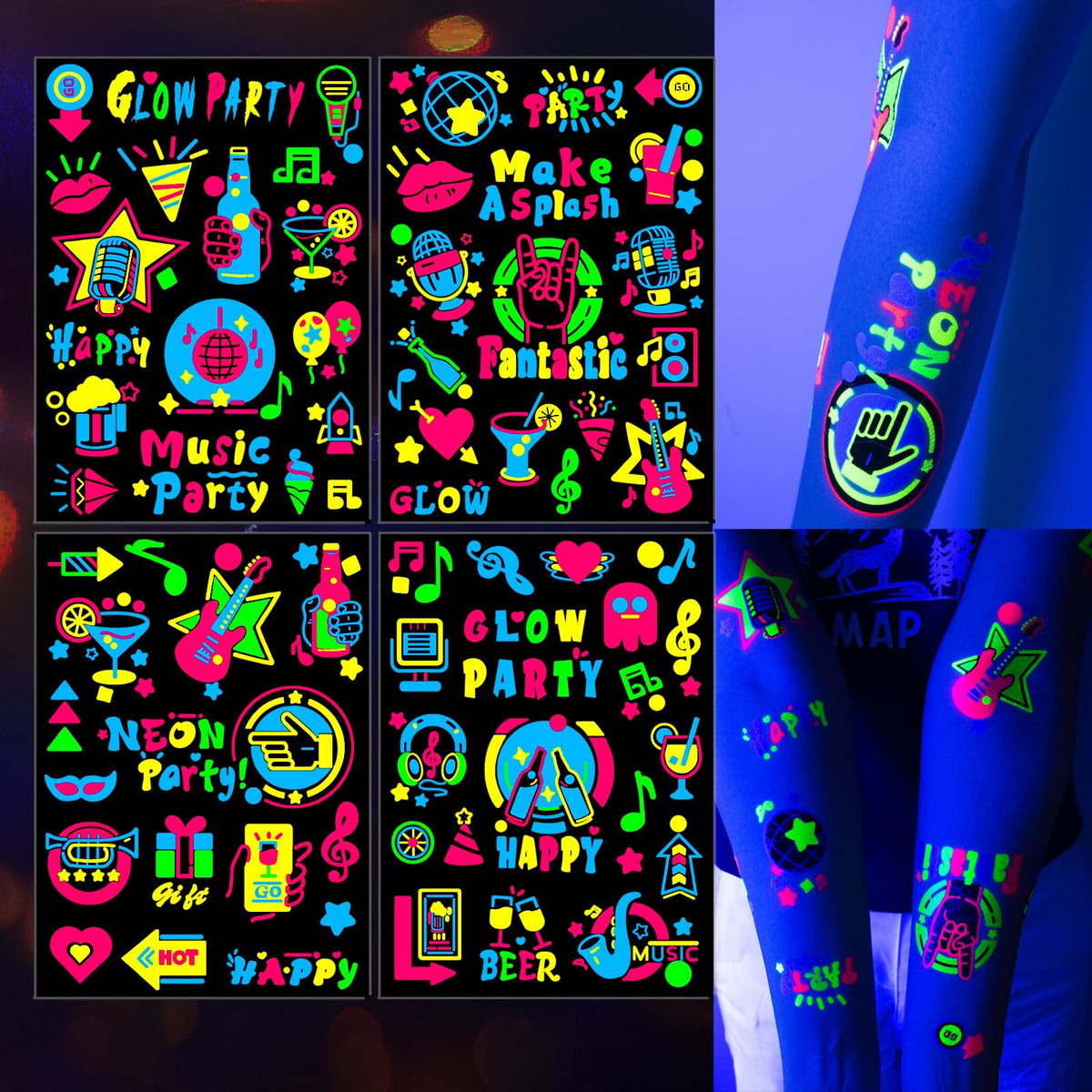 Soovsy Neon Temporary Tattoos - 80 Piece Glow In Uv & Dark, Waterproof Music & Beer Stickers