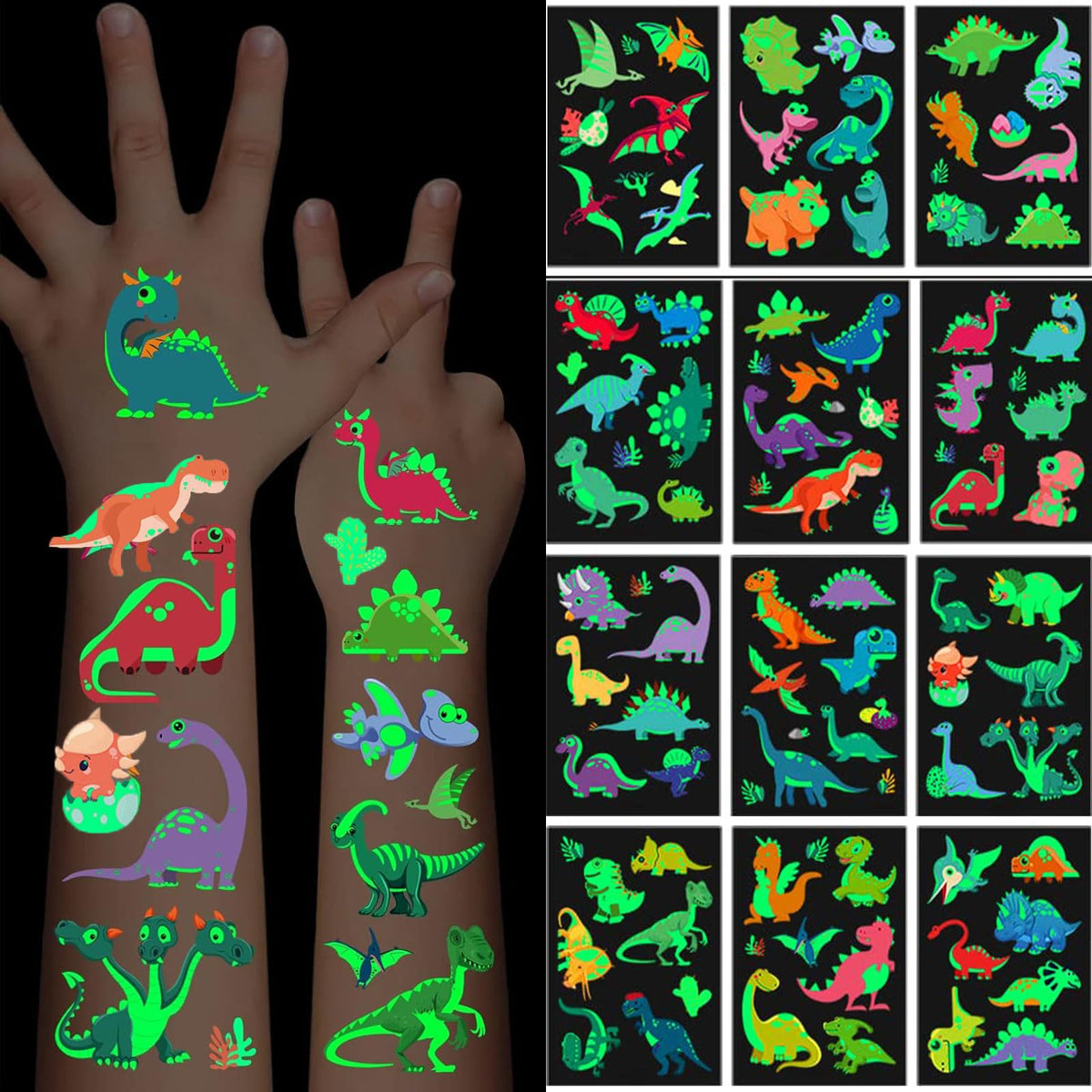 Felico Luminous Dinosaur Temporary Tattoos - 102Pcs Glow In The Dark Waterproof Stickers For Kids