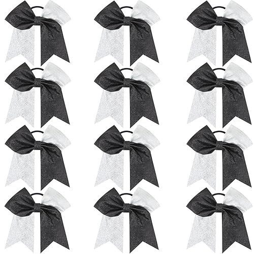 OAOLEER 12PCS 7&quot; Glitter Cheer Bows - Sparkly Black & Silver Hair Accessories for Cheerleaders