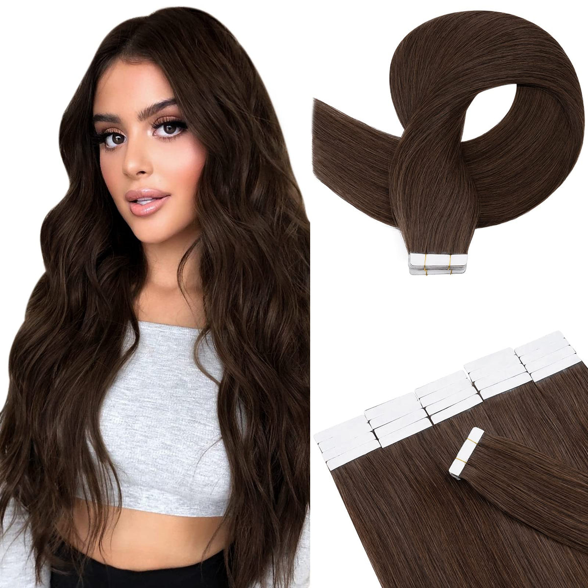 Hairro 18&quot; Medium Brown Tape In Human Hair Extensions, 30G, Remy Hairpieces, 20Pcs