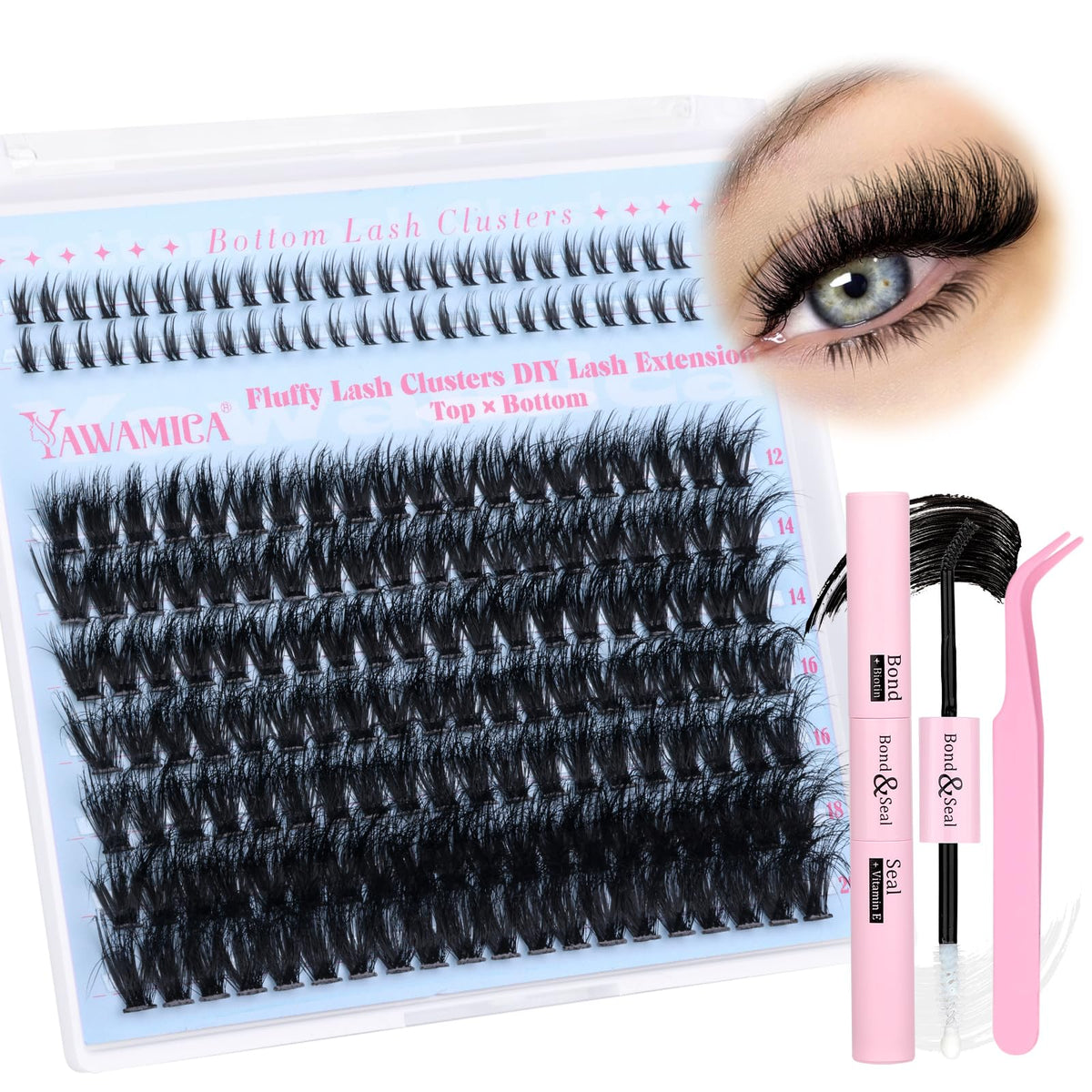 Yawamica Fluffy Lash Extension Kit - 12-20Mm Clusters, Waterproof Bond, Faux Mink, Diy Tweezers