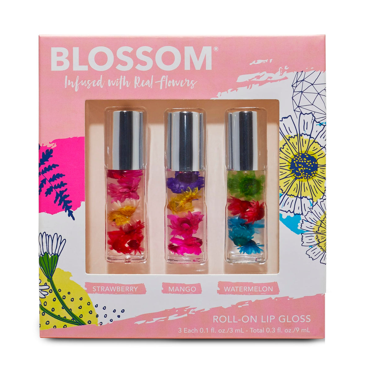 Blossom Lip Gloss Mini Set - Scented High Shine Moisturizing Oil With Real Flowers, 3 Pack