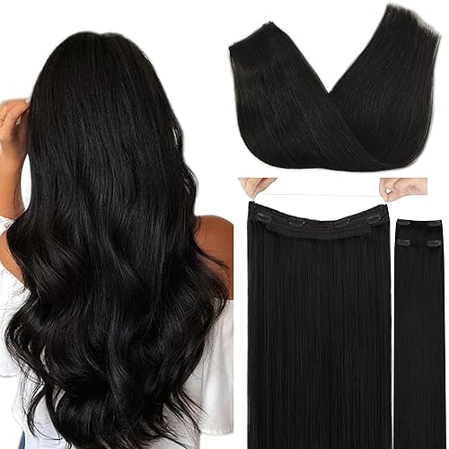 GOO GOO 20&quot; Invisible Wire Hair Extensions, 1B Natural Black, Human Hair, 140g Seamless Hairpiece