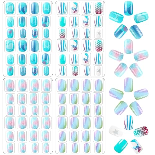 JANYUN Kids Press on Nails - 96 Pcs Blue Acrylic Full Cover Nail Tips for Girls' Nail Art