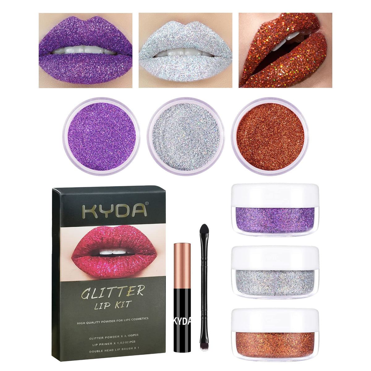 Freeorr Glitter Lip Kit - Diamond & Metallic Lip Powder, Waterproof, Long Lasting, Set C