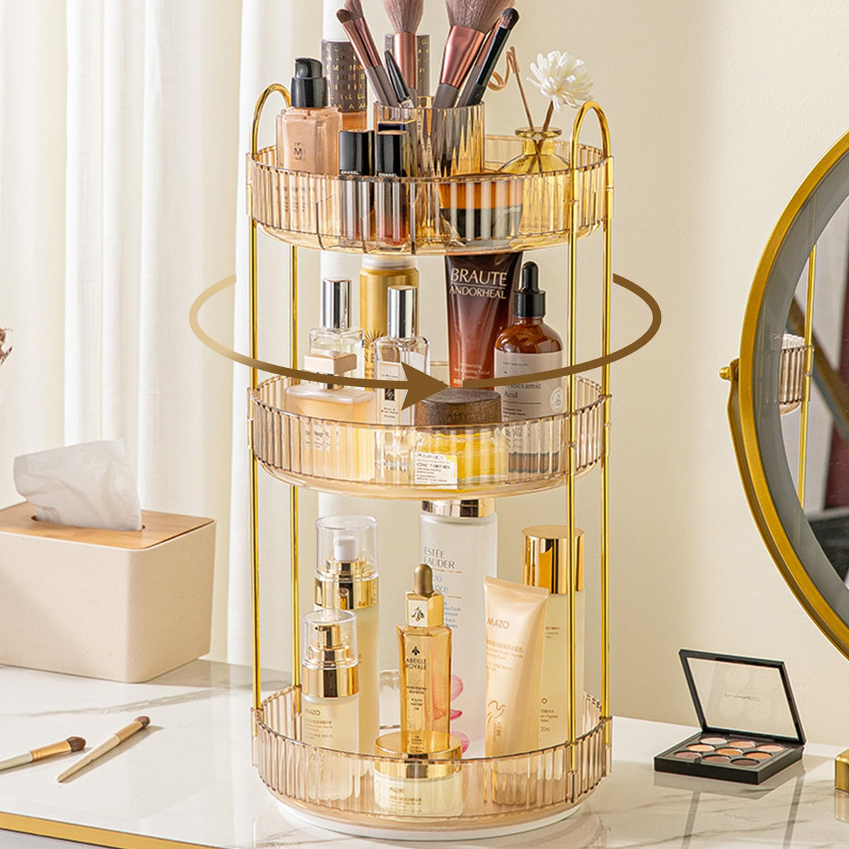 Aveniee 360° Rotating Makeup Organizer - 3 Tier Lipstick & Skincare Storage - Amber Gold