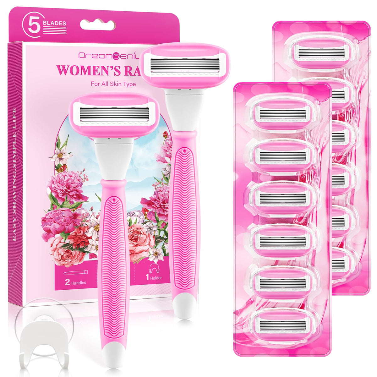 Dreamgenius Women'S Razors Set - 1 Handle, 14 Blade Refills, 5 Premium Blades, Pink, Non-S