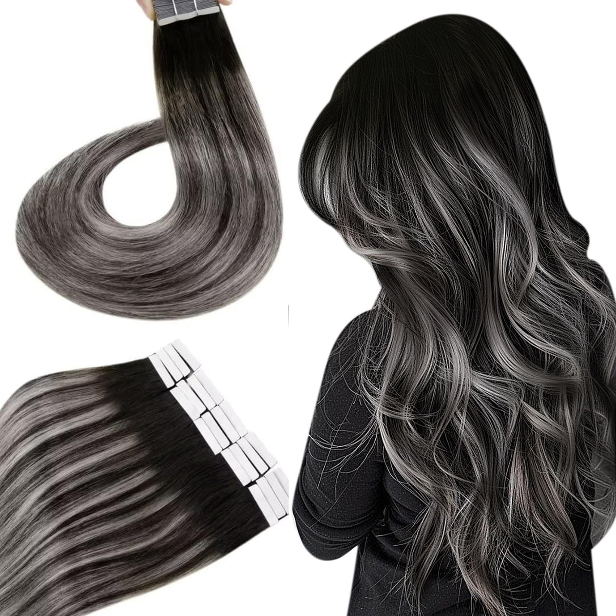 Hetto Ombre Balayage Tape In Hair Extensions 18&quot; Off Black To Silver, Real Human Hair, 20Pcs