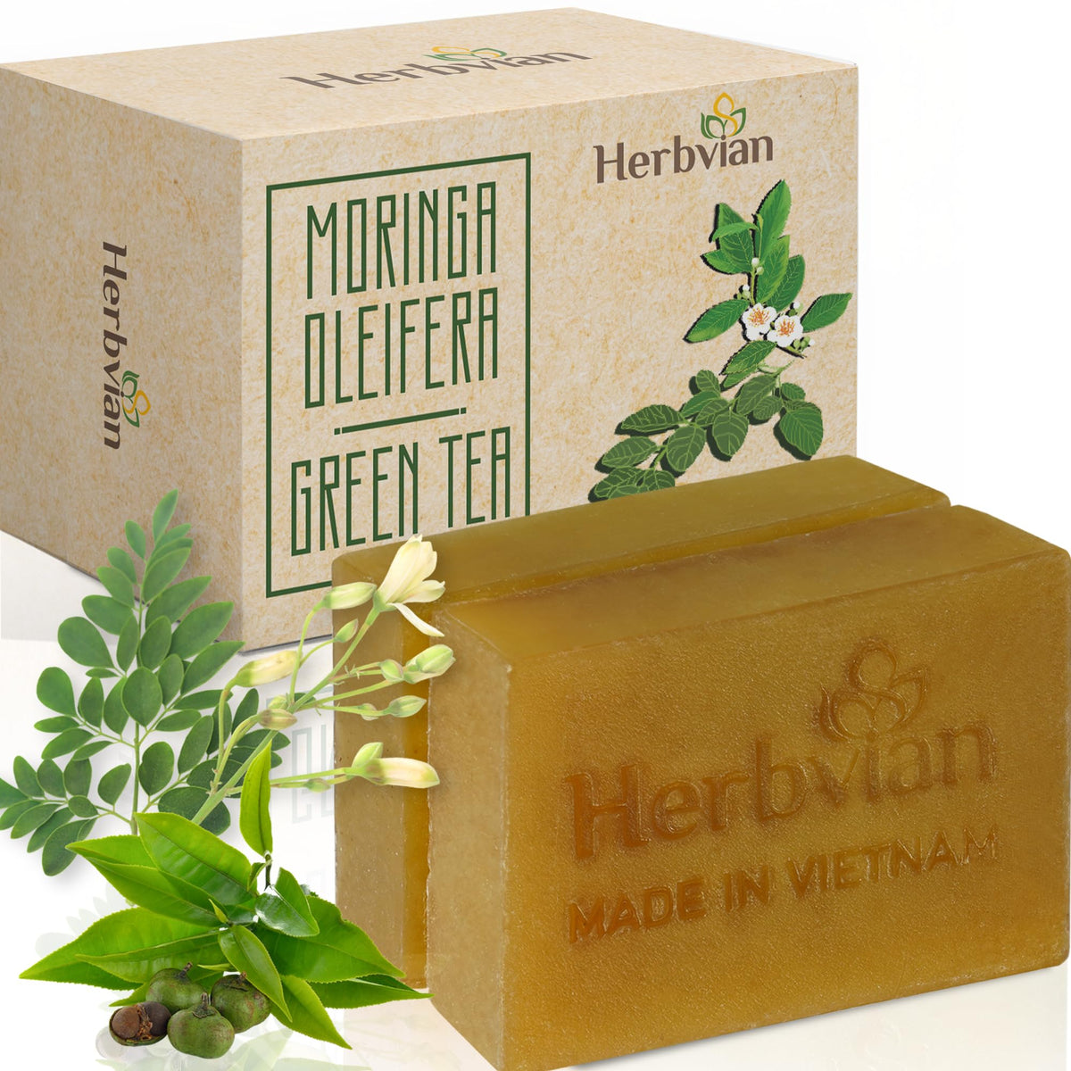 Herbvian Moringa & Green Tea Soap Bars - Exfoliating, Moisturizing, Body Odor Control, 3.