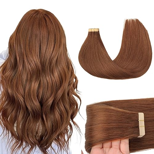 GOO GOO Tape in Hair Extensions Human Hair 24&quot; 50g, 20pcs, Auburn 33A, Thick Ends