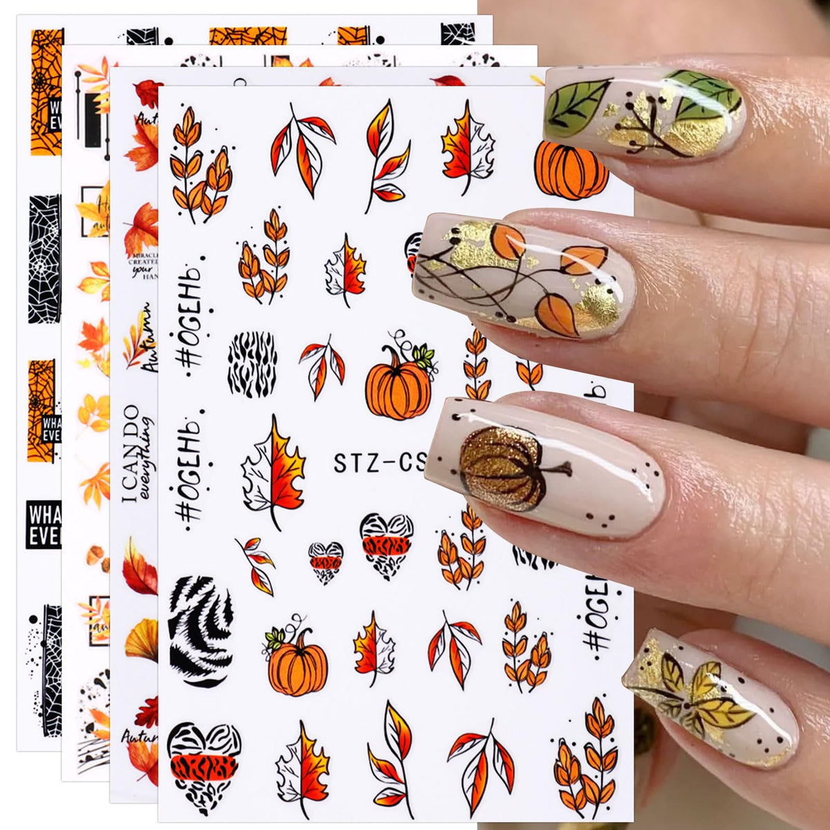 Jmeowio Fall Nail Art Stickers - 9 Sheets Self-Adhesive Pumpkin & Maple Leaf Designs