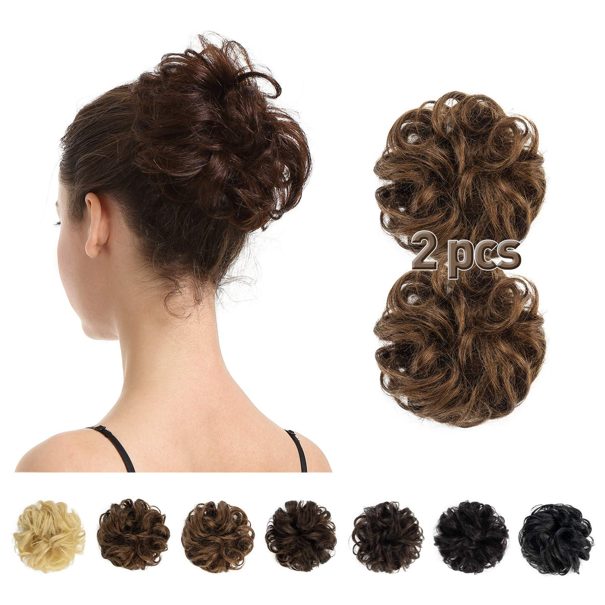 Barsdar 100% Human Hair Bun, 2 Pcs Curly Messy Bun Hair Piece, Medium Chestnut Brown