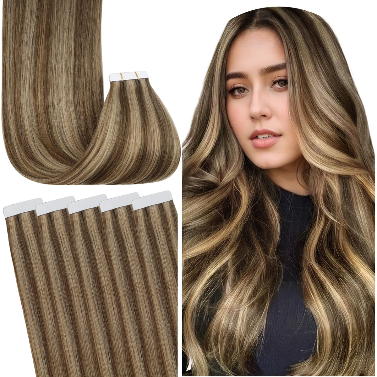 Fshine 12&quot; Remy Tape In Hair Extensions, Double Sided, #4P27 Medium Brown & Honey Blonde