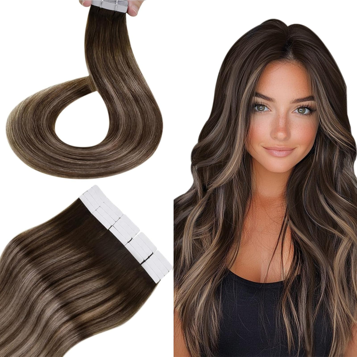 Hetto 12&quot; Tape In Hair Extensions Human Hair Balayage Brown Mix Blonde #4/18/4, 20Pcs